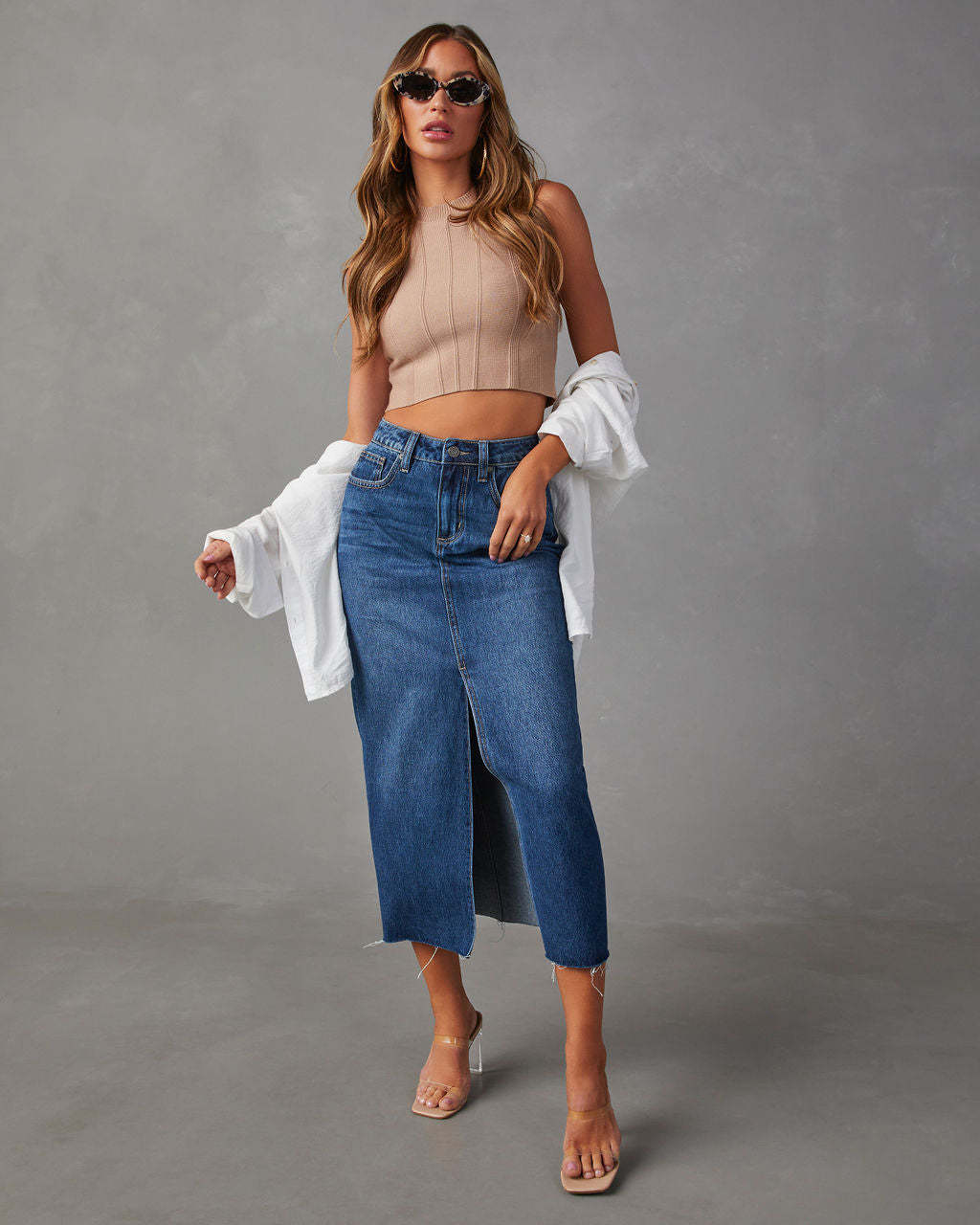 Damen Hoch geschnittenes Bleistiftkleid aus Jeans mit seitlichem Schlitz Drune