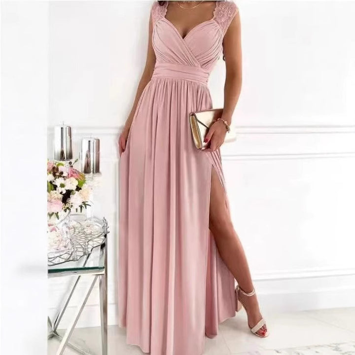 Damen elegantes Maxikleid mit Spitzenärmeln und seitlichem Schlitz Drune