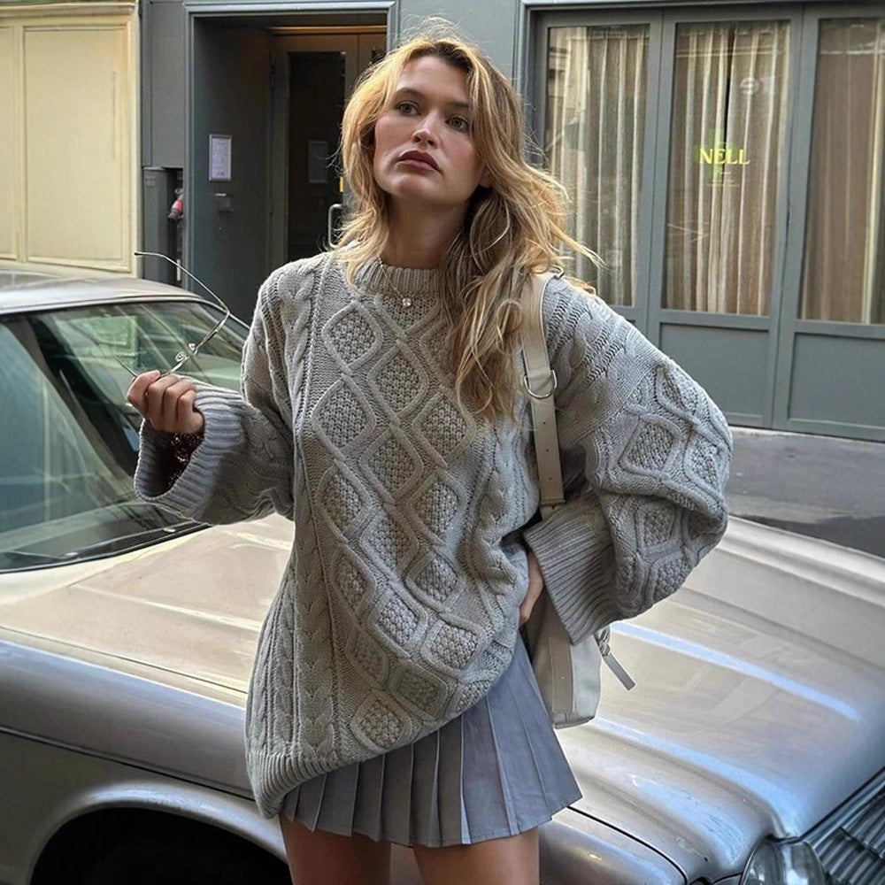 Damen Oversize Strickpullover mit Zopfmuster und Rippbündchen Drune