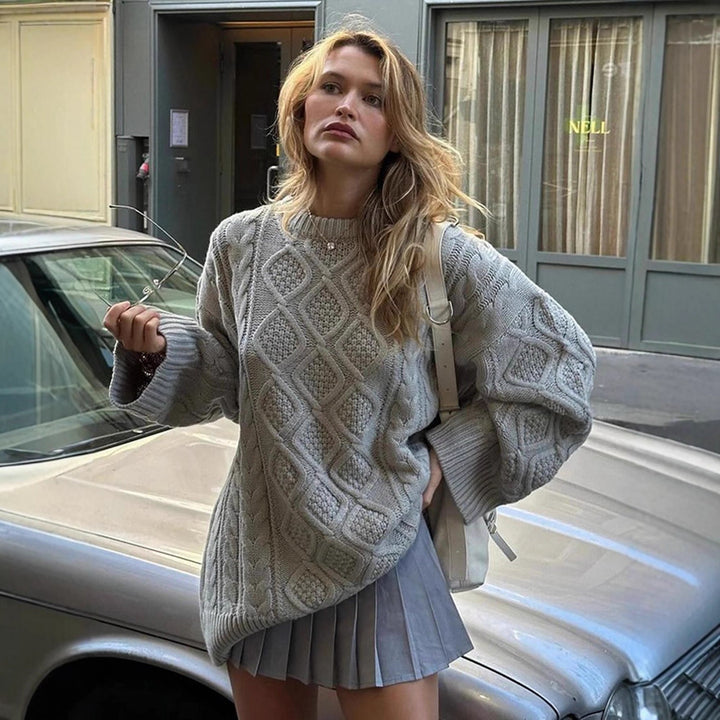 Damen Oversize Strickpullover mit Zopfmuster und Rippbündchen Drune