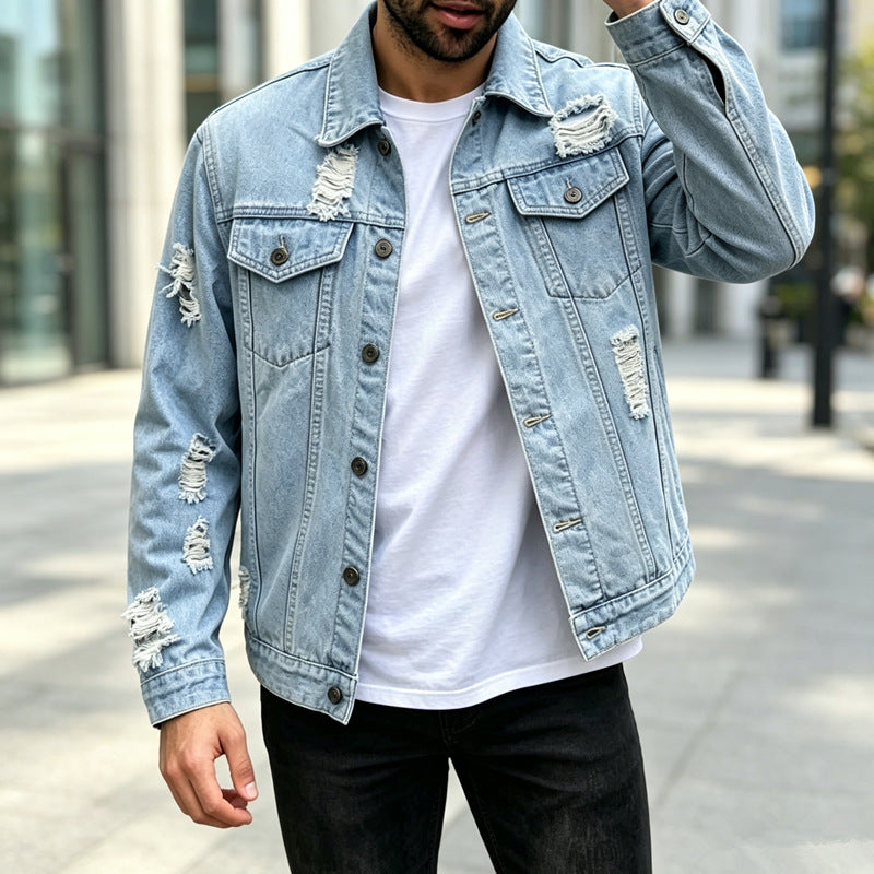 Herren Modische Denimjacke mit Destroyed-Details Drune