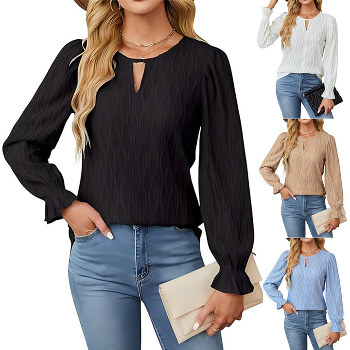 Damen elegantes Langarmshirt mit strukturiertem Stoff und Schlüsselloch-Ausschnitt Drune