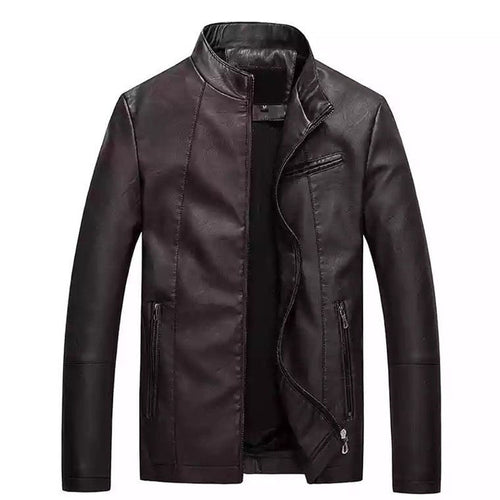 Herren Slim-Fit Kunstlederjacke mit Stehkragen und verdecktem Reißverschluss Drune