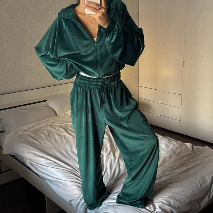Damen Sportliches Velours-Set mit hohem Kragen und weitem Schnitt Drune