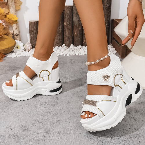 Damen nan wuchtige Plateausandale mit ergonomischer Wellensohle Klettverschluss und goldenen Zierapplikationen Drune