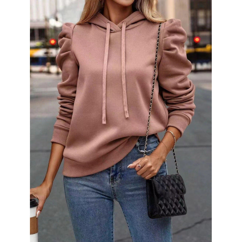Damen modischer Kapuzenpullover mit Puffärmeln und praktischen Taschen Drune