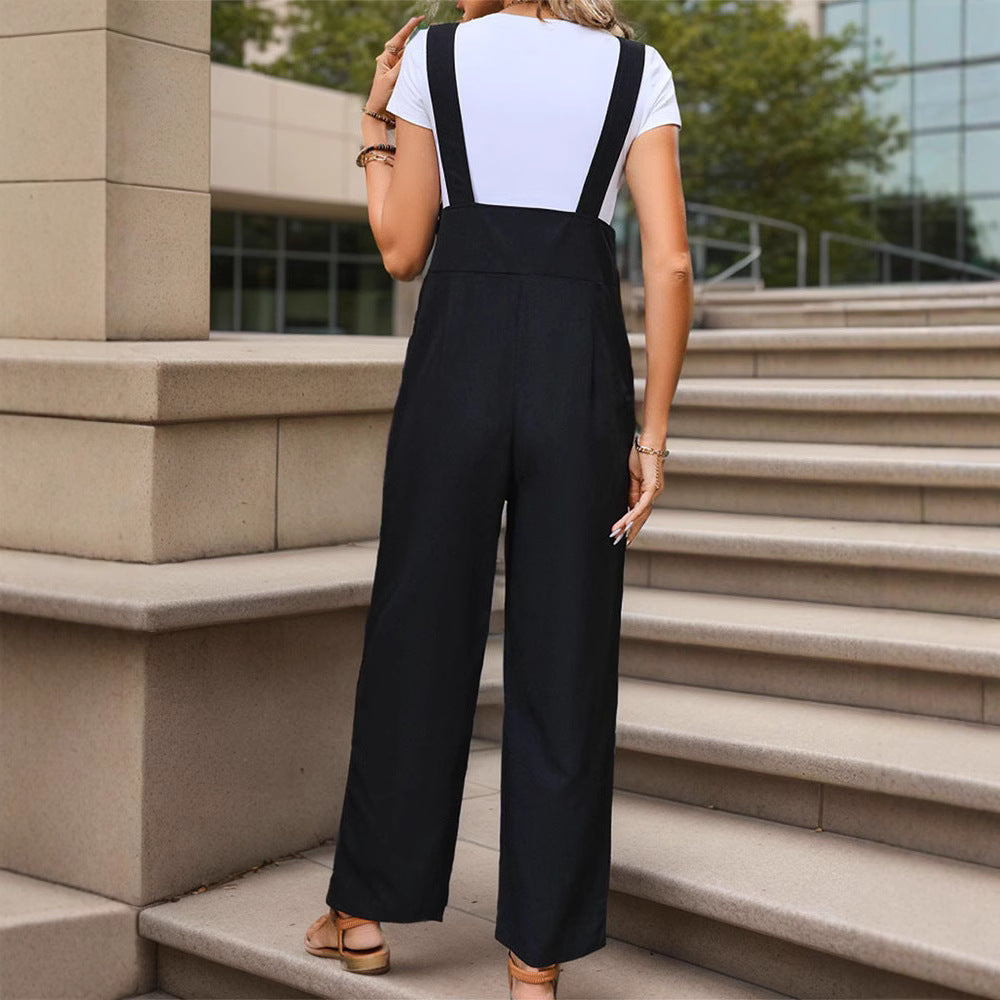 Damen Weichfallender Latz-Jumpsuit mit weitem Bein und Holzknopf‑Verschluss Drune
