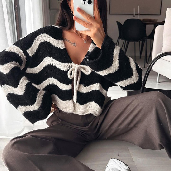 Damen Kuscheliger Kurz-Cardigan mit Zickzack-Textur, BindDruneand & Oversize-Ärmeln Drune