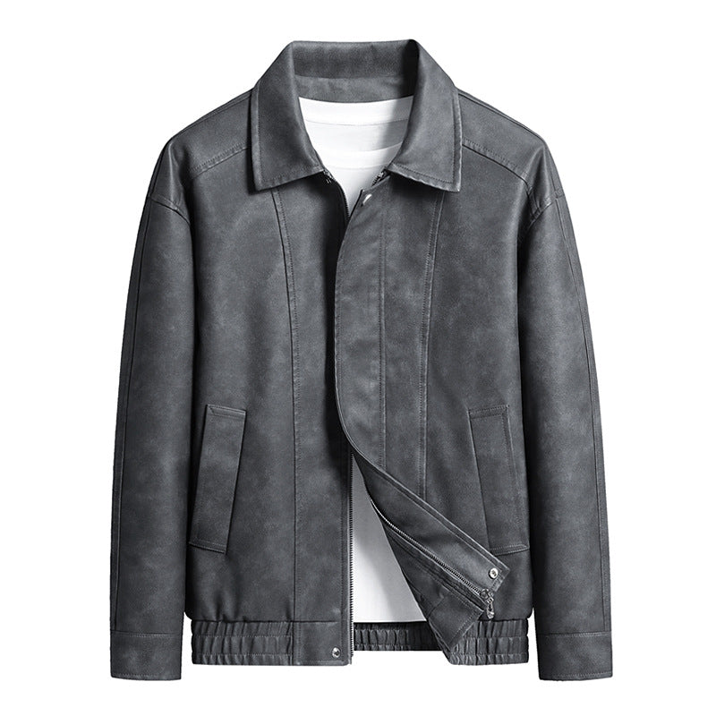 Herren Kurz geschnittene Kunstlederjacke im Vintage‑Look mit Hemdkragen & durchgehendem Reißverschluss Drune