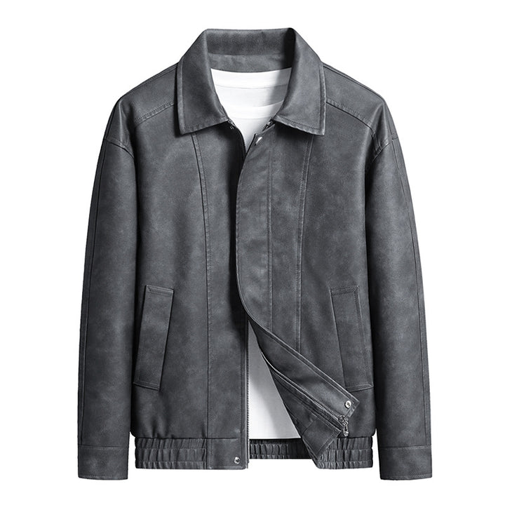 Herren Kurz geschnittene Kunstlederjacke im Vintage‑Look mit Hemdkragen & durchgehendem Reißverschluss Drune