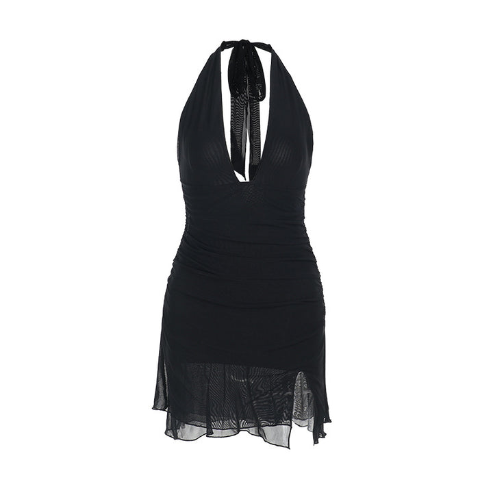 Damen Halterneck Minikleid mit tiefem V-Ausschnitt und seitlichem Schlitz Drune
