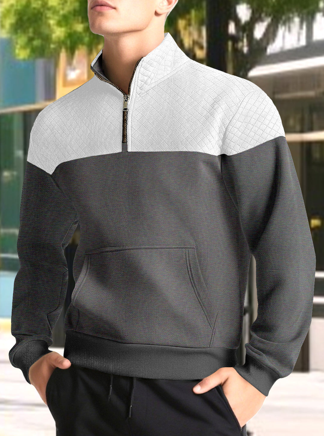 Herren nan Halbzip-Sweatshirt mit gesteppter Schulterpartie Kängurutasche und gerippten Bündchen Drune