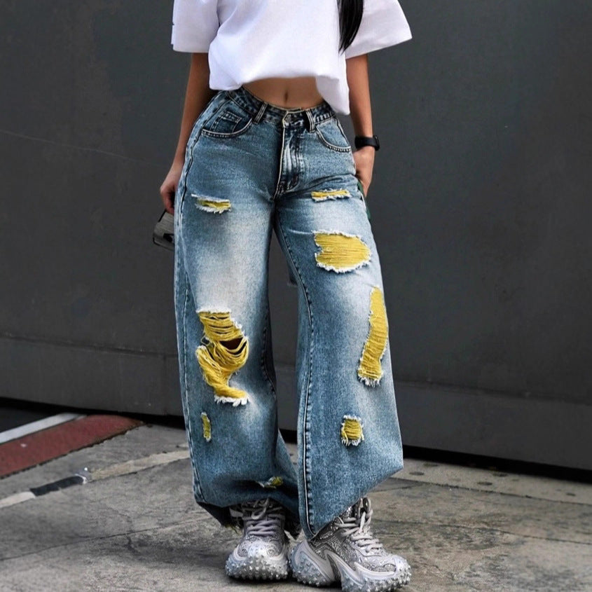 Damen weite High-Waist Jeanshose mit Destroyed-Details und kontrastierendem Unterfutter Drune