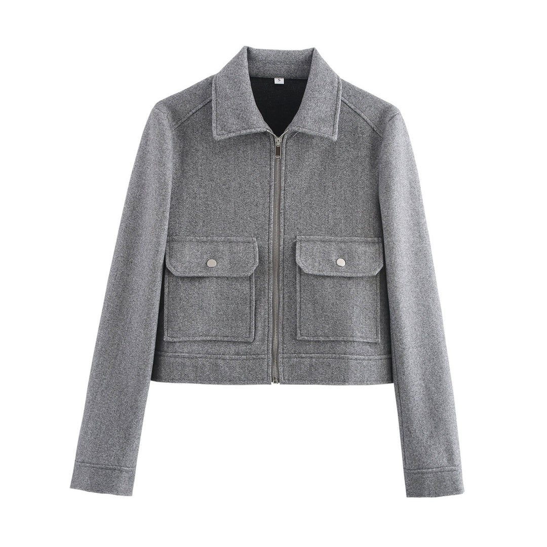 Damen 70+ kurze Wollmix‑Blousonjacke mit Reißverschluss, Hemdkragen und Pattentaschen Drune