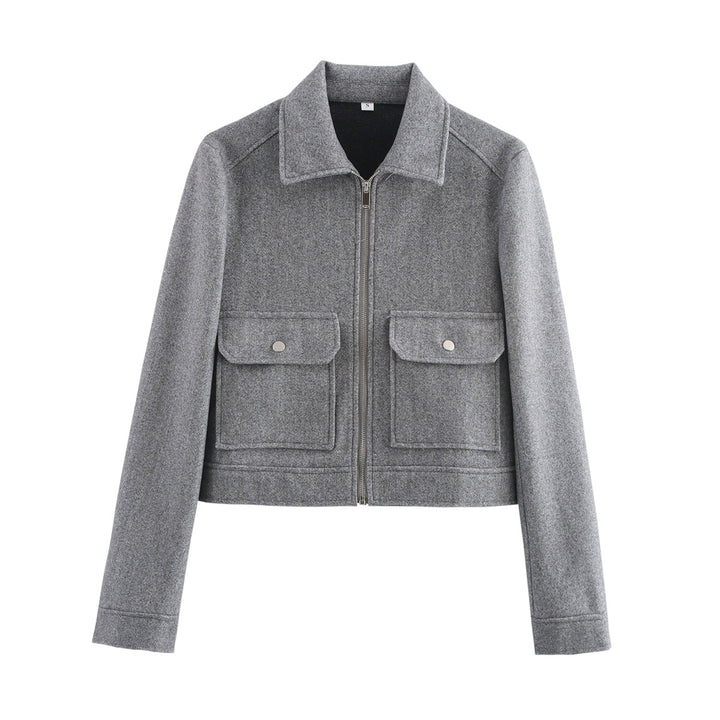 Damen 70+ kurze Wollmix‑Blousonjacke mit Reißverschluss, Hemdkragen und Pattentaschen Drune