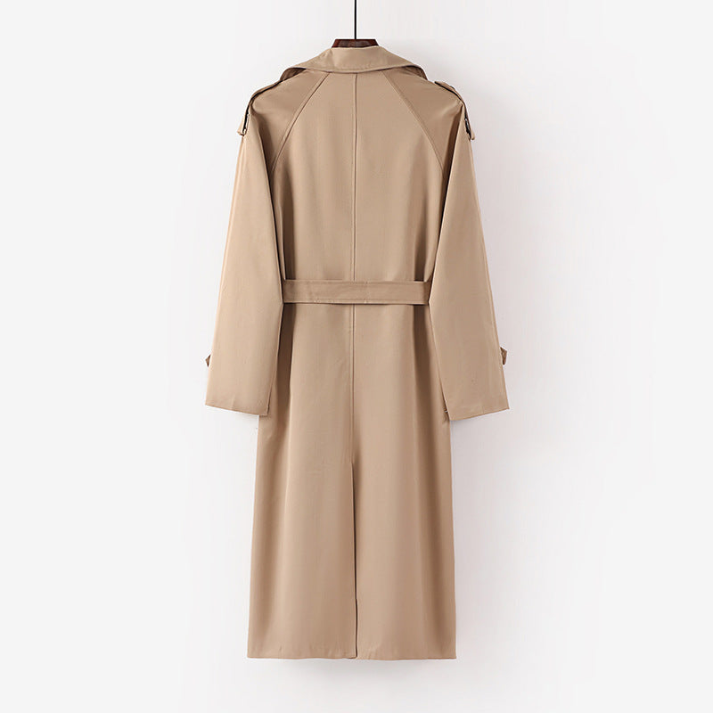 Unisex Langer minimalistischer Trenchcoat mit Gürtel und Schulterklappen Drune