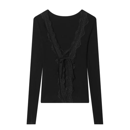 Damen Feines Rippstruktur-Longsleeve mit tiefem V‑Ausschnitt, breiter Spitzenblende und Zierband Drune