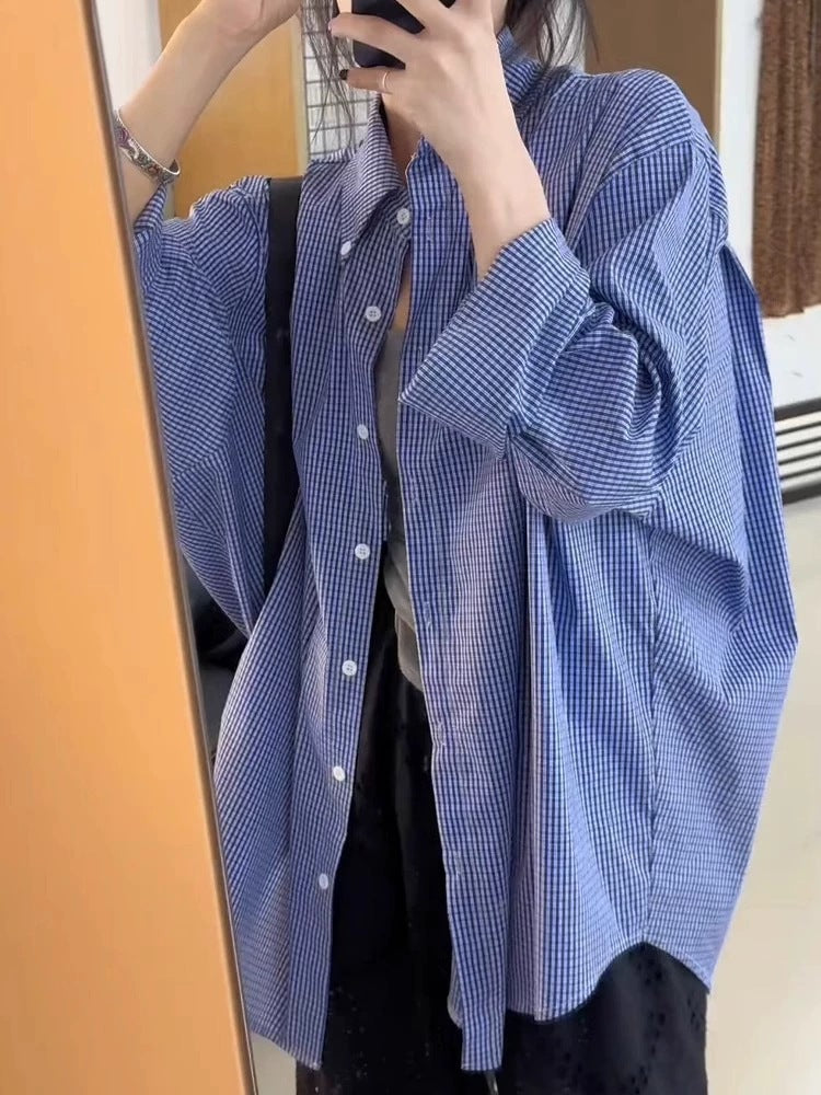 Damen Oversize-Hemd mit Vichy-Karo, weitem Fall und durchgehender Knopfleiste Drune