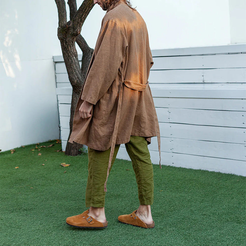 Herren Langer Leinen-Kimono-Mantel im Relaxed Fit mit Bindegürtel Drune