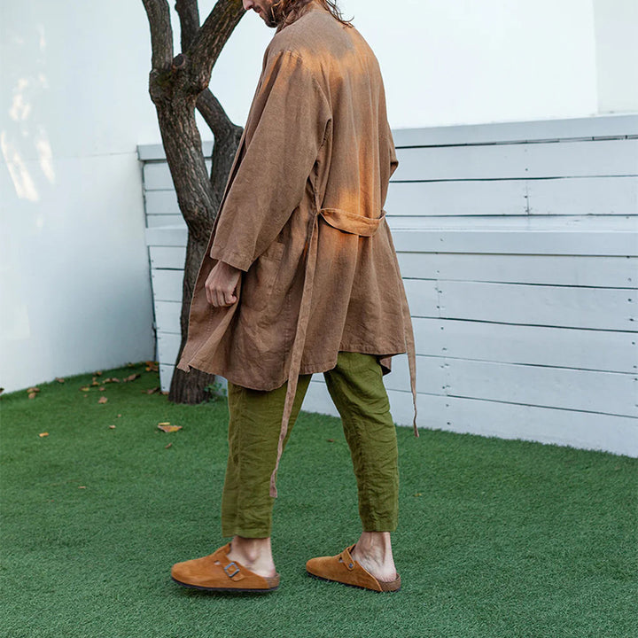 Herren Langer Leinen-Kimono-Mantel im Relaxed Fit mit Bindegürtel Drune