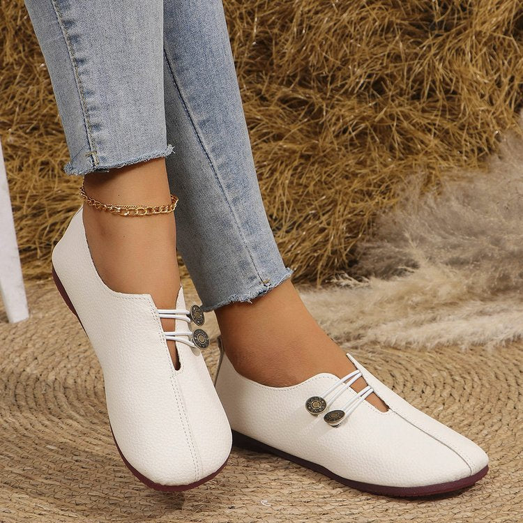 Damen Vintage-inspirierte Lederoptik Ballerinas mit quadratischer Zehenpartie und Zierknöpfen Drune