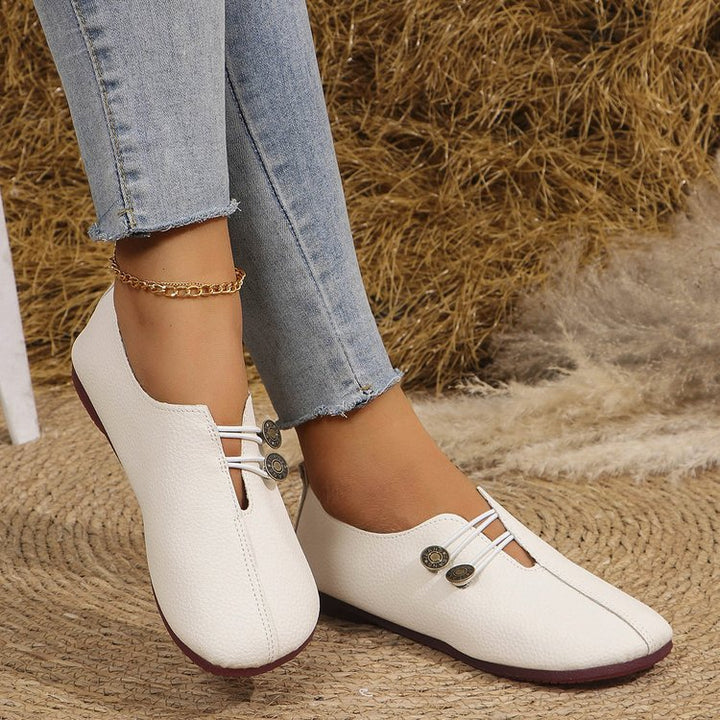 Damen Vintage-inspirierte Lederoptik Ballerinas mit quadratischer Zehenpartie und Zierknöpfen Drune