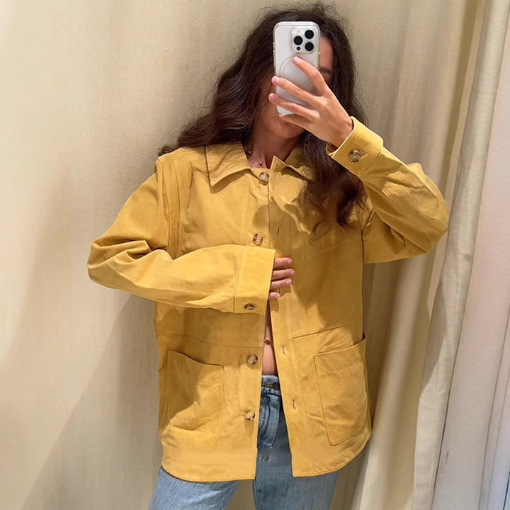 Damen Oversize Baumwoll-Worker-Jacke mit aufgesetzten Taschen Drune