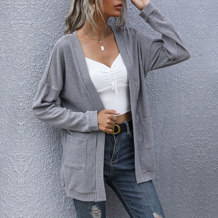 Damen lässiger gerippter Strickcardigan mit Taschen und offenem Schnitt Drune