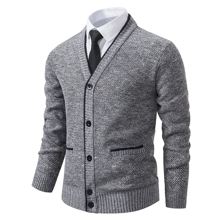 Herren nan melierter Strukturstrick-Cardigan mit V-Ausschnitt, Kontrastkanten und aufgesetzten Taschen Drune