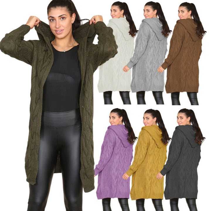 Damen Grobstrick Hoodie-Mantel mit Zopfdesign und tiefen Taschen Drune