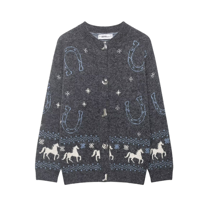 Damen Strickcardigan mit Pferde- und Hufeisen-Jacquard und Zierknöpfen Drune