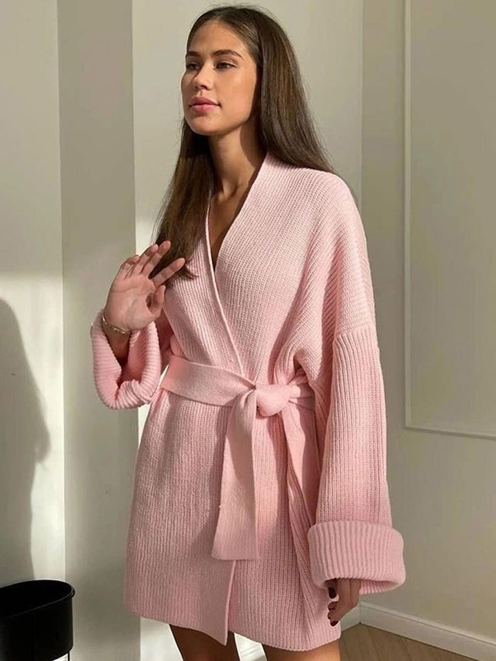 Damen Oversize Strickmantel mit Bindegürtel und geripptem Feinstrick Drune