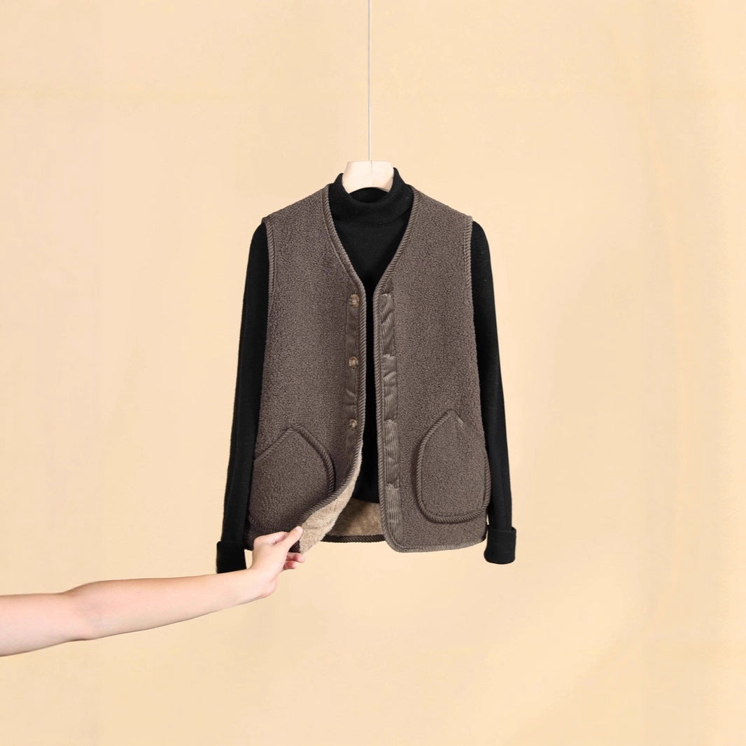Damen Ärmellose Thermofleece-Weste mit Knopfleiste und Rundtaschen Drune