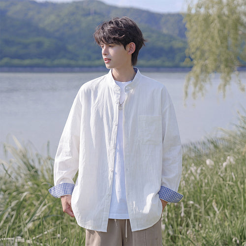 Herren Oversize-Hemd aus leichtem Baumwollmix mit Mandarinkragen und Brusttasche Drune