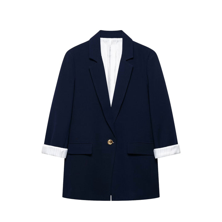 Damen taillierter Longblazer mit Umschlagärmeln und dekorativem Knopf Drune