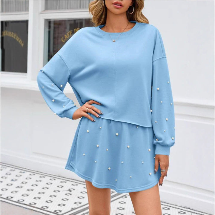 Damen nan perlenbesetztes Sweat-Set mit überschnittenem Pullover und ausgestelltem Minirock Drune