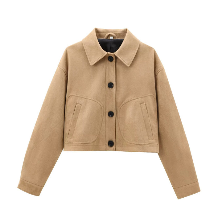 Damen Cropped-Boxy-Übergangsjacke in Veloursoptik mit Hemdkragen und aufgesetzten Taschen Drune