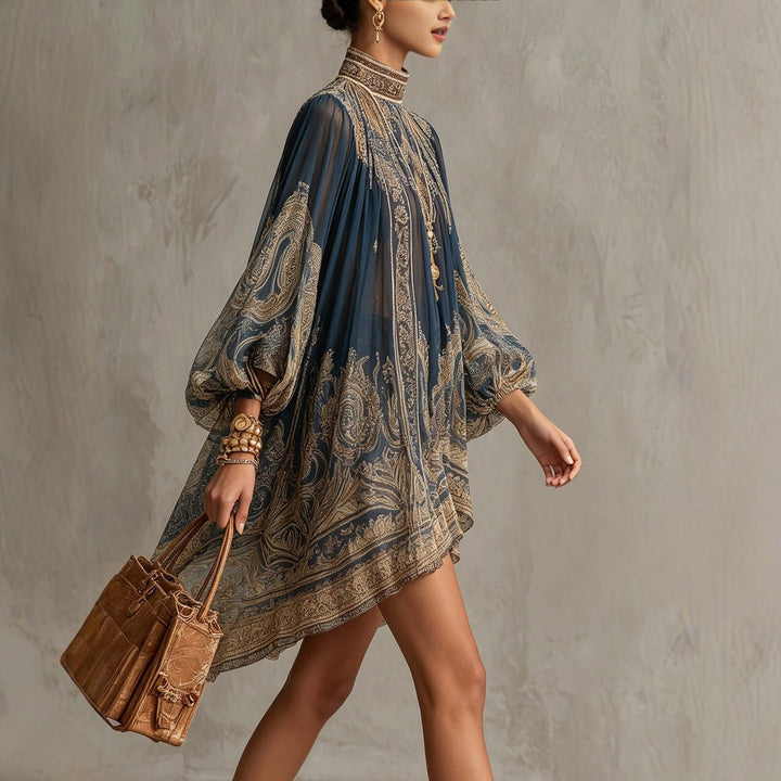 Damen Ätherisches Chiffon Tunika Kleid mit Hohem Stehkragen und Ballonärmeln Drune