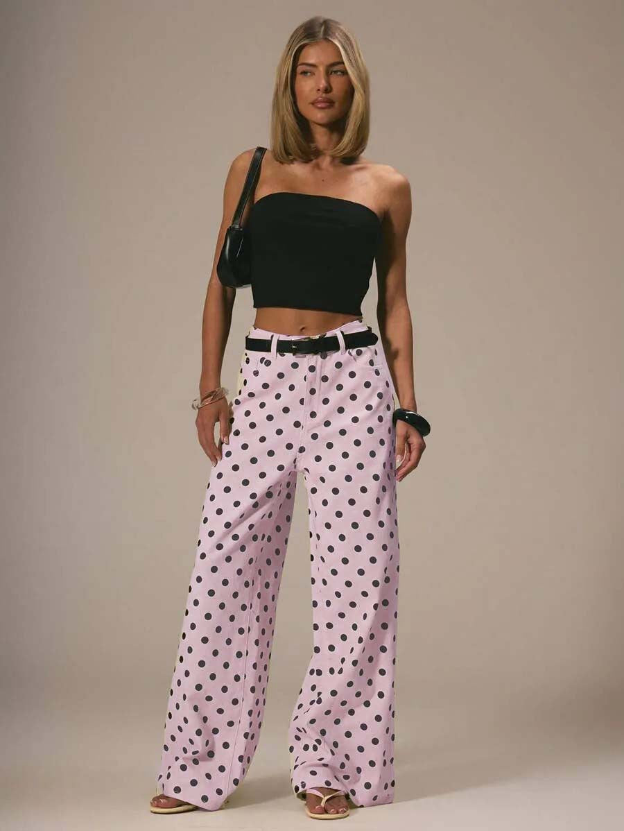Damen weite Polka-Dot Palazzo-Hosen mit high-waist Schnitt Drune
