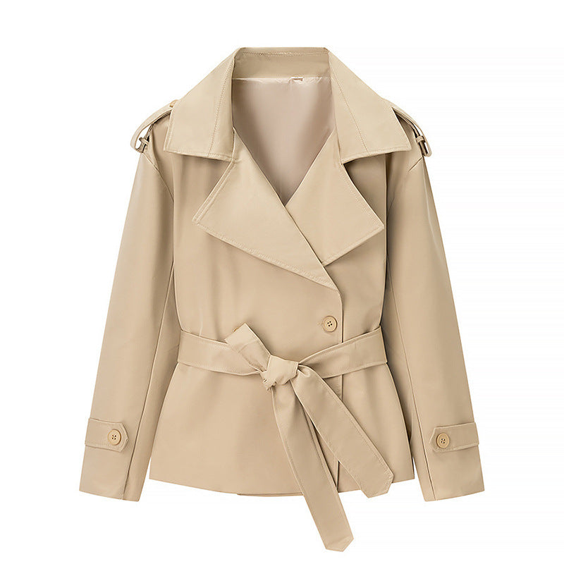 Damen Kurzer Trenchcoat mit Bindegürtel und Doppelreiher Drune