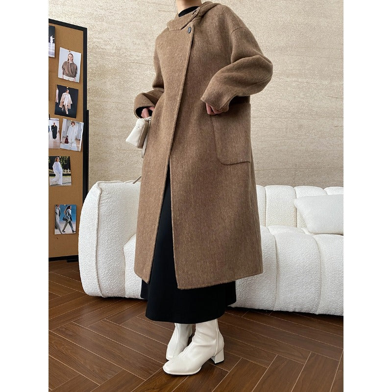 Damen eleganter Wickelmantel mit aufwendigen Kragendetails und warmen Futter Drune