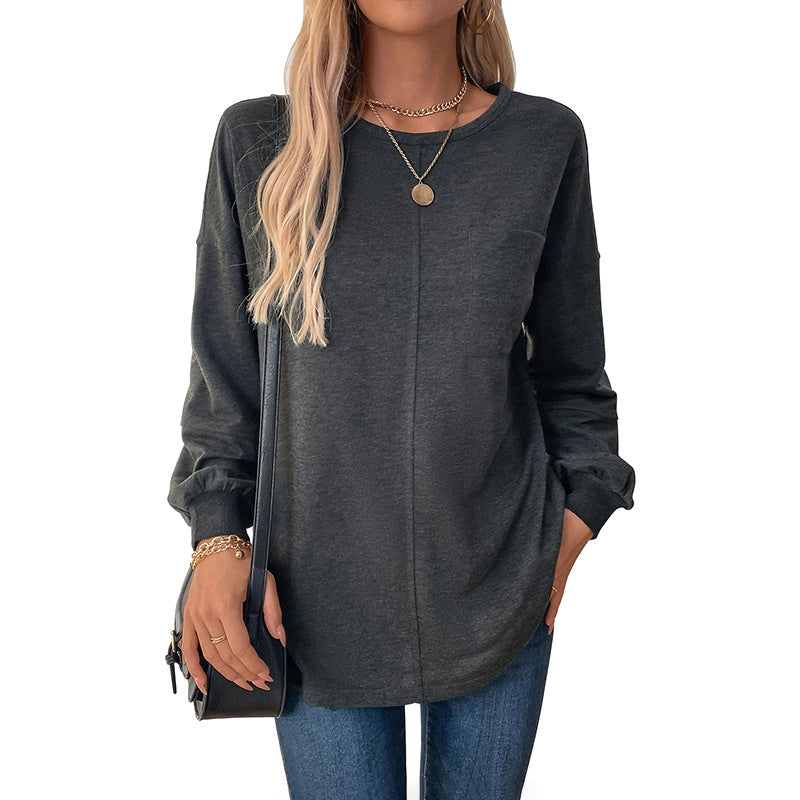 Damen Lässiges Langarm-Jerseyshirt mit Mittiger Ziernaht, Rundhals & abgerundetem Saum Drune