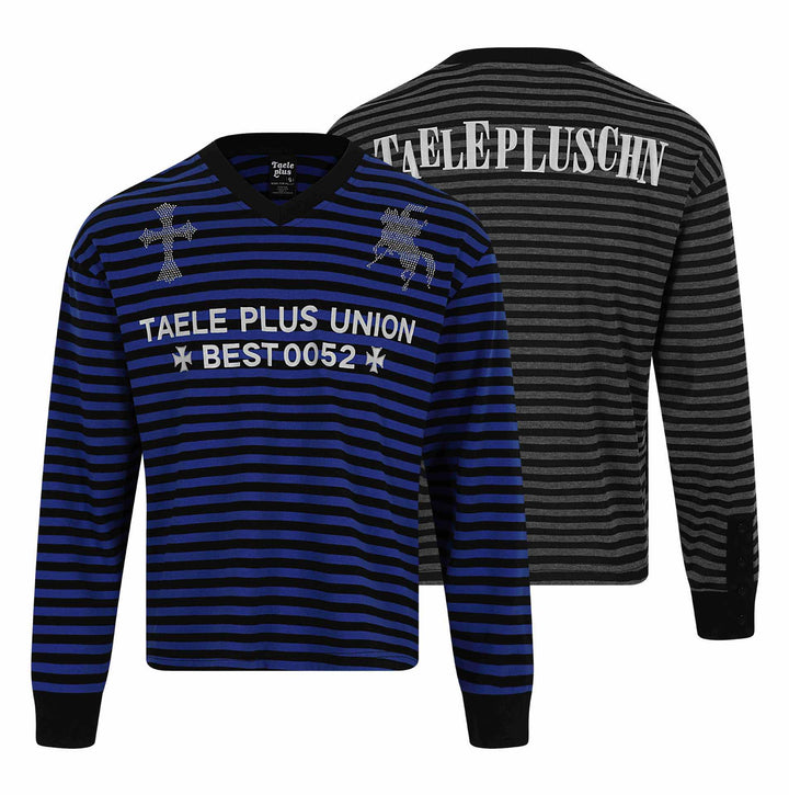 Unisex Gestreifter Langarm-Pullover mit V-Ausschnitt und Strassapplikationen Drune