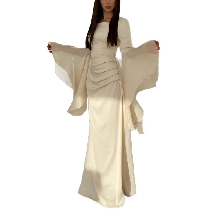 Damen Abendkleid mit Quadrat-Ausschnitt, transparenten Glockenärmeln und drapierter Taillenpartie Drune
