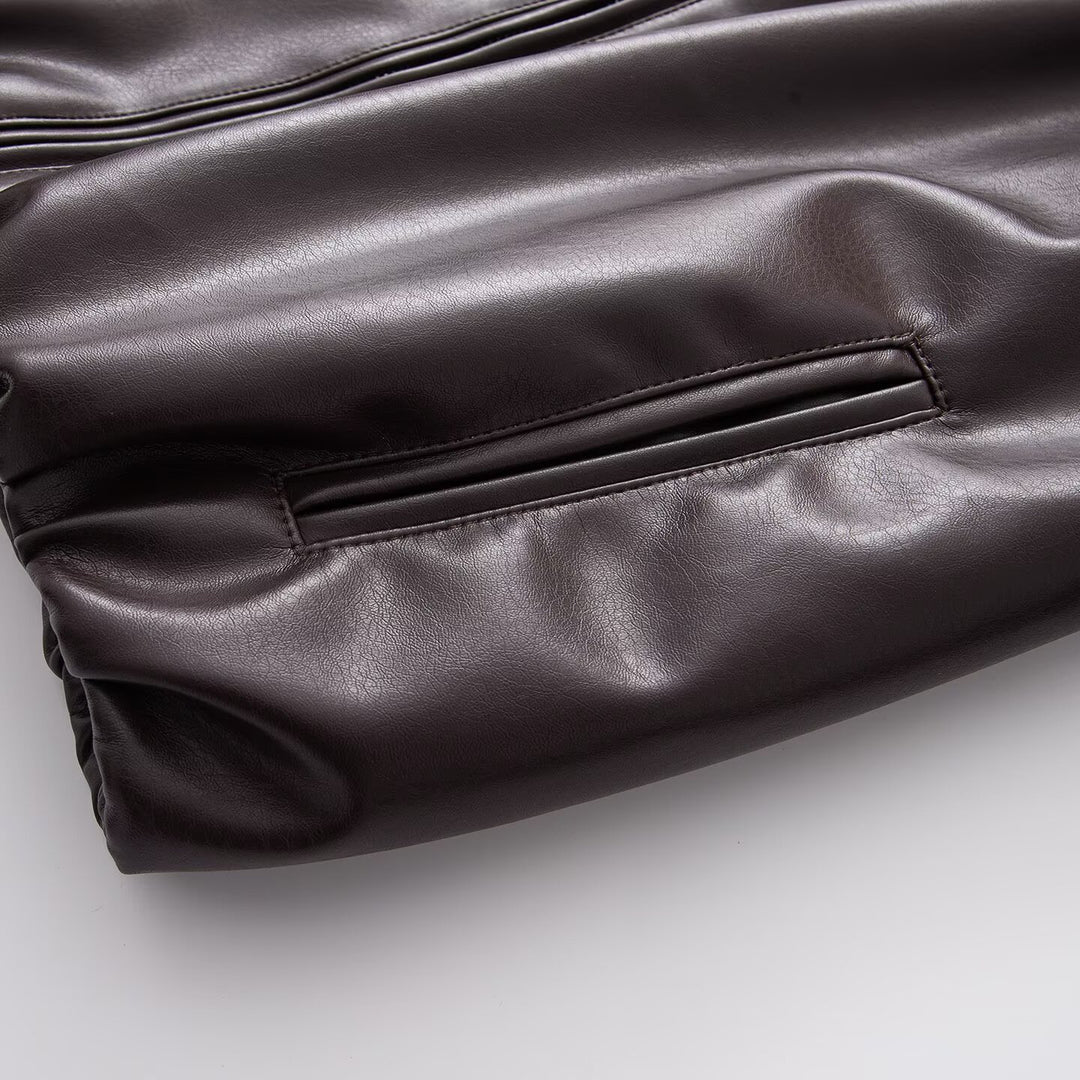 Damen Oversized Kunstleder-Blousonjacke mit Kragen, Reißverschluss und elastischem Saum Drune