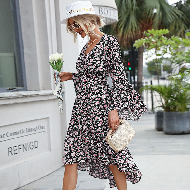 Damen Midikleid im Chiffon‑Look mit floralem Print, V‑Ausschnitt, Glockenärmeln und Stufenvolant Drune