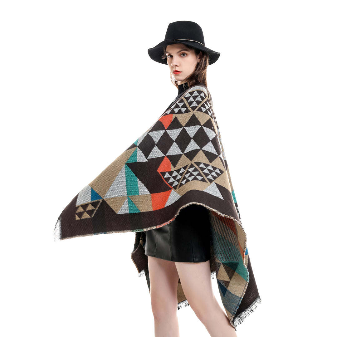 Damen Oversize-Ruana im Jacquard-Wickelstil mit dreieckigem Muster und Fransensaum Drune