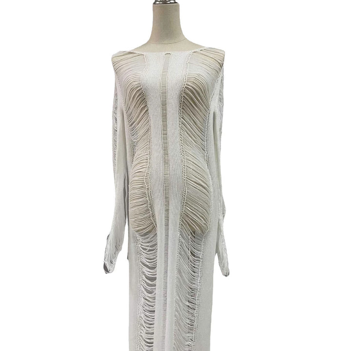 Damen elegantes Strandkleid mit raffinierten Fransen und transparenten Elementen Drune