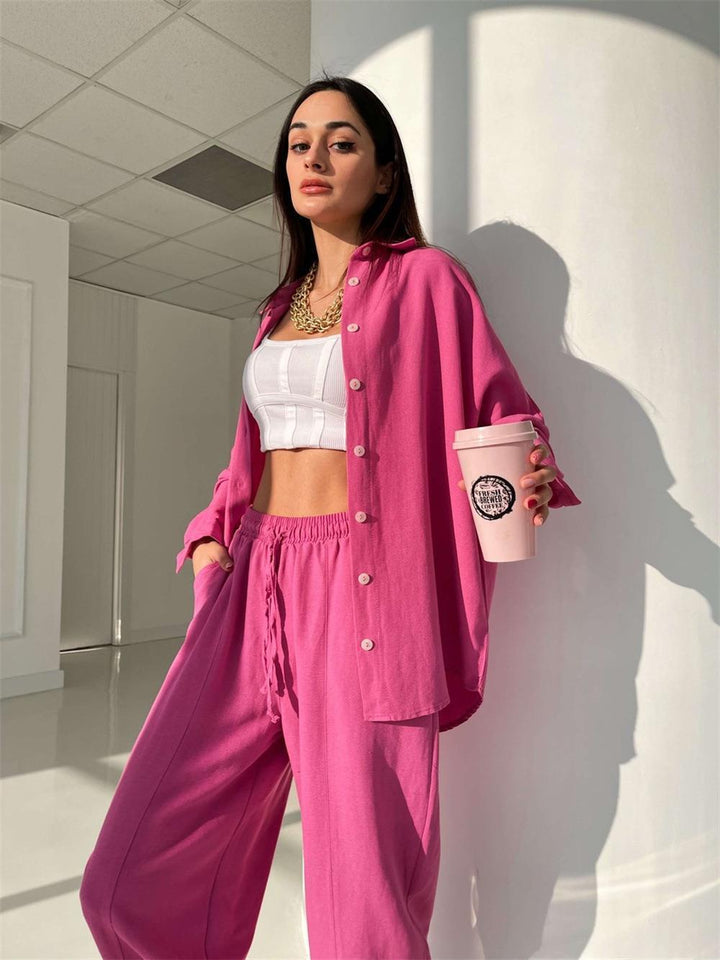 Damen lässiges Sommeroutfit mit übergroßer Bluse und weiten Hosen Drune
