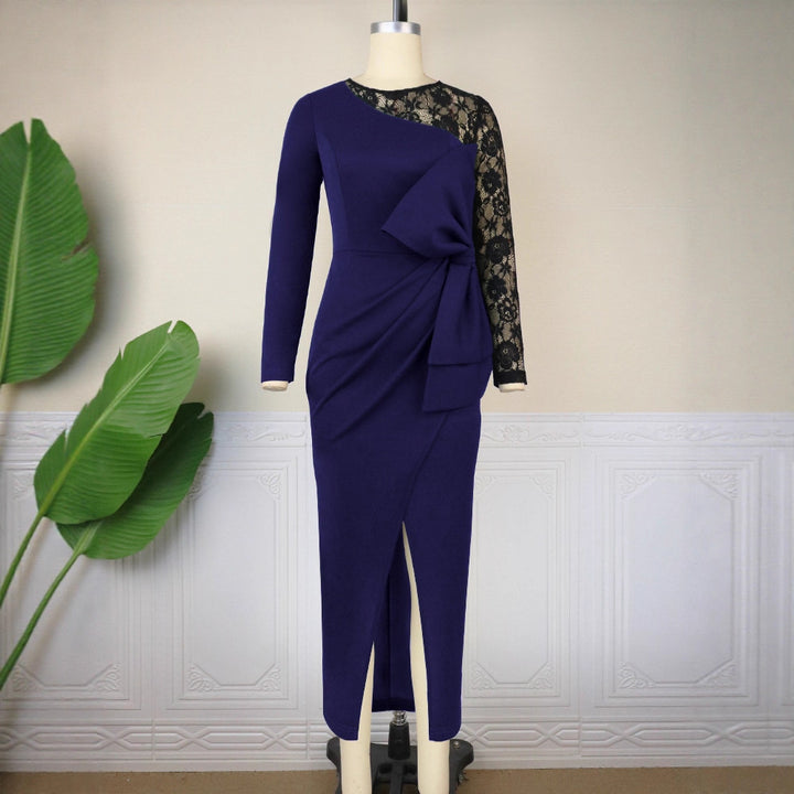 Damen elegantes Etuikleid mit aufwendigem Spitzenärmel und drapiertem Saum Drune